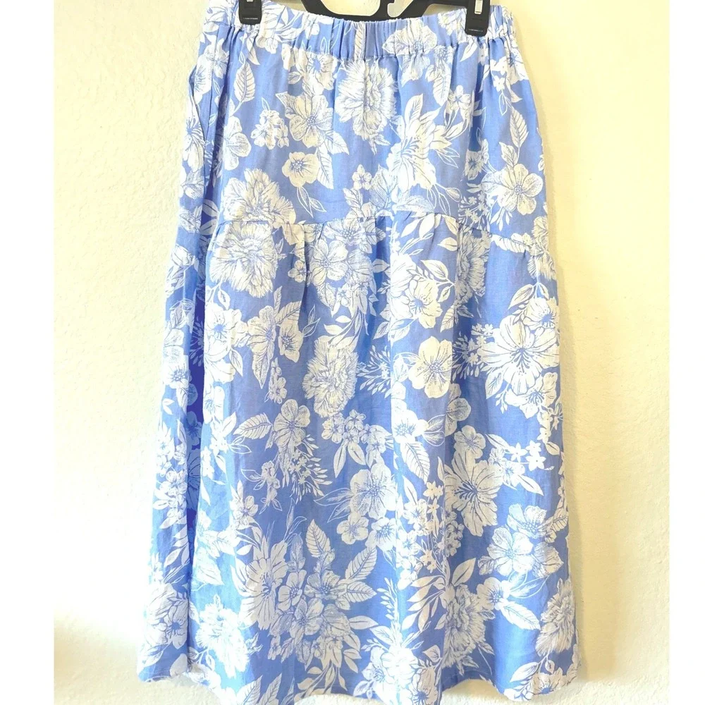 C&C California Coastal Cottagecore‎ Blue White Floral 100% Linen Midi Skirt M